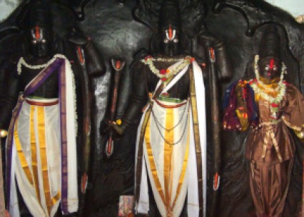 The murthi of Rama, Sita and Lakshmana in Chakratheertha Kodandaramaswamy Mandira, Hampi